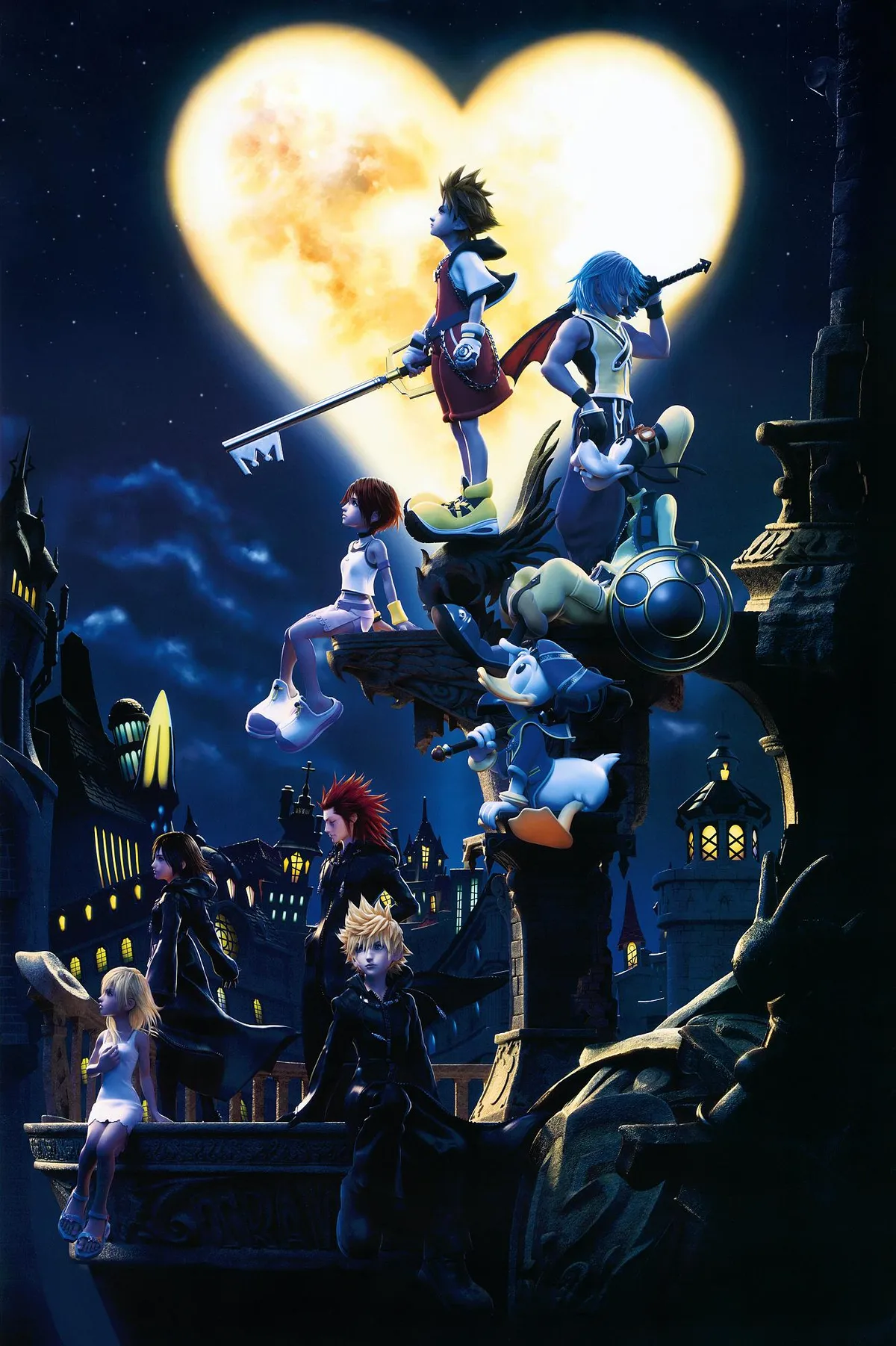 Kingdom Hearts promotional artwork featuring Sora, Riku, Kairi and other major characters beneath a heart-shaped moon