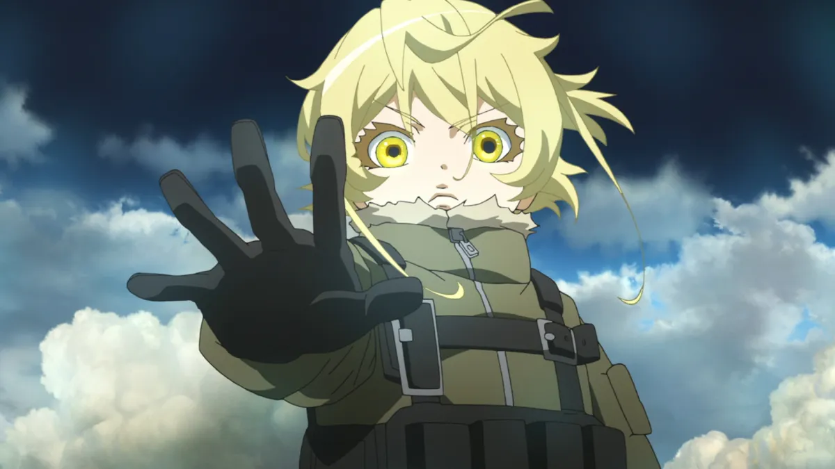 Tanya Degurechaff reaching forward in her military flight gear against a cloudy sky